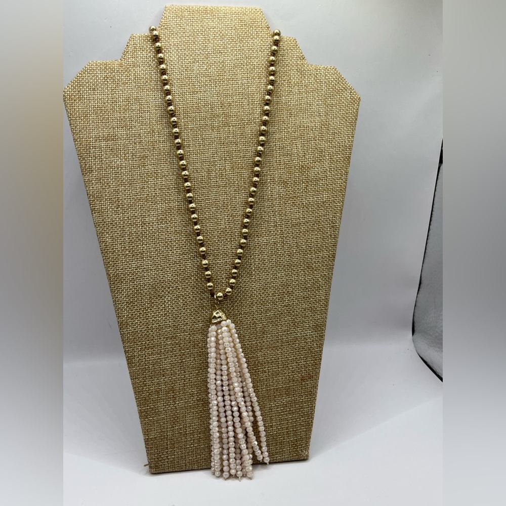 Tassel Necklace Elegant Gold Beads and Cream Beaded Necklace AB Beads